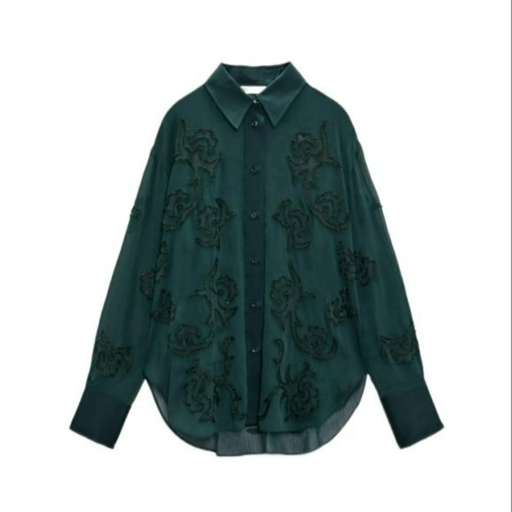 Zara Semi-Sheer Embroidered Blouse Dark Green Xs| 4786/089